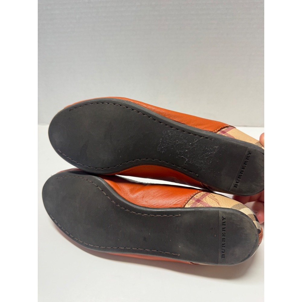 Burberry Orange Leather Nova Check Peep Toe Ballet Flats Bow‎ Charms Size 37 7 - Picture 5 of 10